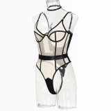 Sexy See-Through Mesh Patchwork Low Back Straps Bodysuit Lingerie