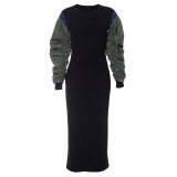 Women Spring Rib Patchwork Gathered Stacked Sleeve Dress