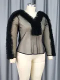 Sexy See-Through Long Sleeve Blouse V-Neck Mesh Patchwork Slim Waist Slim Fit Tops