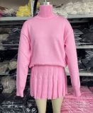 College Style Outfit Solid Color Turtleneck Knitting Long-Sleeved Top Pleated Skirt Two-Piece Set