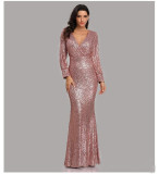 V-Neck See-Through Mesh Beaded Sexy Slim Fit Long Dress