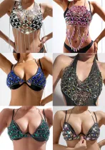 Women Gemstone Hollow Bra Bikini Suspender Belt Chain
