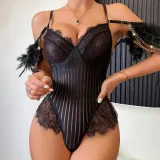 Fashionable And Sexy Lace Mesh Low Back Feather Sexy One-Piece Bodysuit Lingerie
