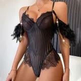 Fashionable And Sexy Lace Mesh Low Back Feather Sexy One-Piece Bodysuit Lingerie