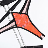 Embroidered Mesh Contrasting Sexy Chocker Garter Bikini Lingerie Set