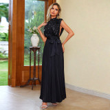 Women Sexy Sequin Patchwork Belted Pleated Ball Dress