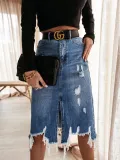 Spring Summer Women's High Waist Front Slit Denim Long Skirt