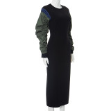 Women Spring Rib Patchwork Gathered Stacked Sleeve Dress