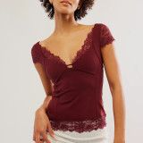 Lace Trim Short-Sleeved Deep V Neck Sexy T-Shirt Top