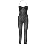 Women's Spring Sexy Mesh See-Through Sleeveless Halter Neck Slim Jumpsuit