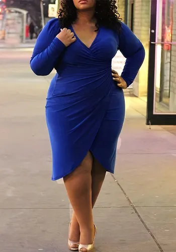 Plus Size Long Sleeve Slim V Neck Pleated Irregular Bodycon Dress