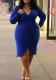 Plus Size Long Sleeve Slim V Neck Pleated Irregular Bodycon Dress