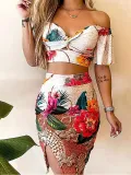 Spring Sexy Printed Slim-Fitting Off-The-Shoulder Top Slit Bodycon Skirt