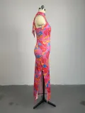 Women's Spring Chic Halter Neck Sleeveless Printed Slim Maxi Dress
