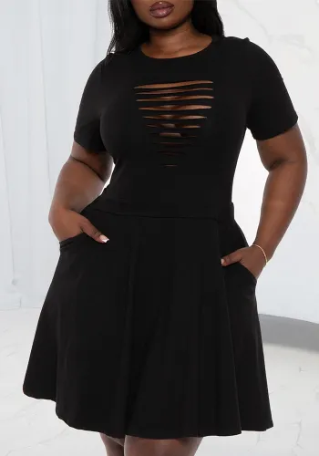 Plus Size Women's Summer Fashion Chic Short Sleeve Slim Hollow A-Line Dress