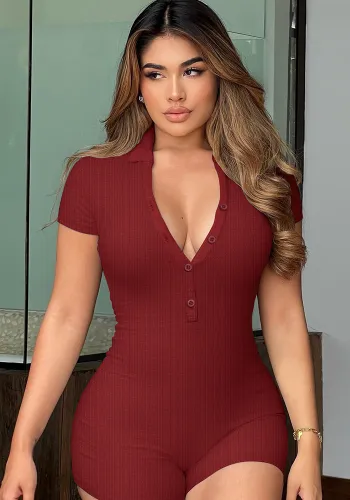 Women's Turndown Collar Solid Color Rib Tight Fitting Short Jumpsuit