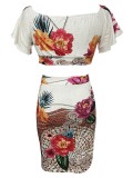 Spring Sexy Printed Slim-Fitting Off-The-Shoulder Top Slit Bodycon Skirt