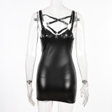 Lace-Up Pu Leather Patchwork Hollow Low Back Sexy Bodycon Nightclub Dress
