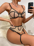 Lacemesh Contrast Color Push-Up Low Back Sexy Three-Piece Women Underwear Set