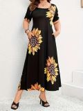 Sunflower Print Loose Short Sleeve Summer Long Dress