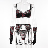 Print Lacemesh Patchwork Sexy 4 Piece Lingerie