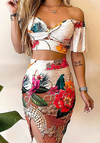 Spring Sexy Printed Slim-Fitting Off-The-Shoulder Top Slit Bodycon Skirt