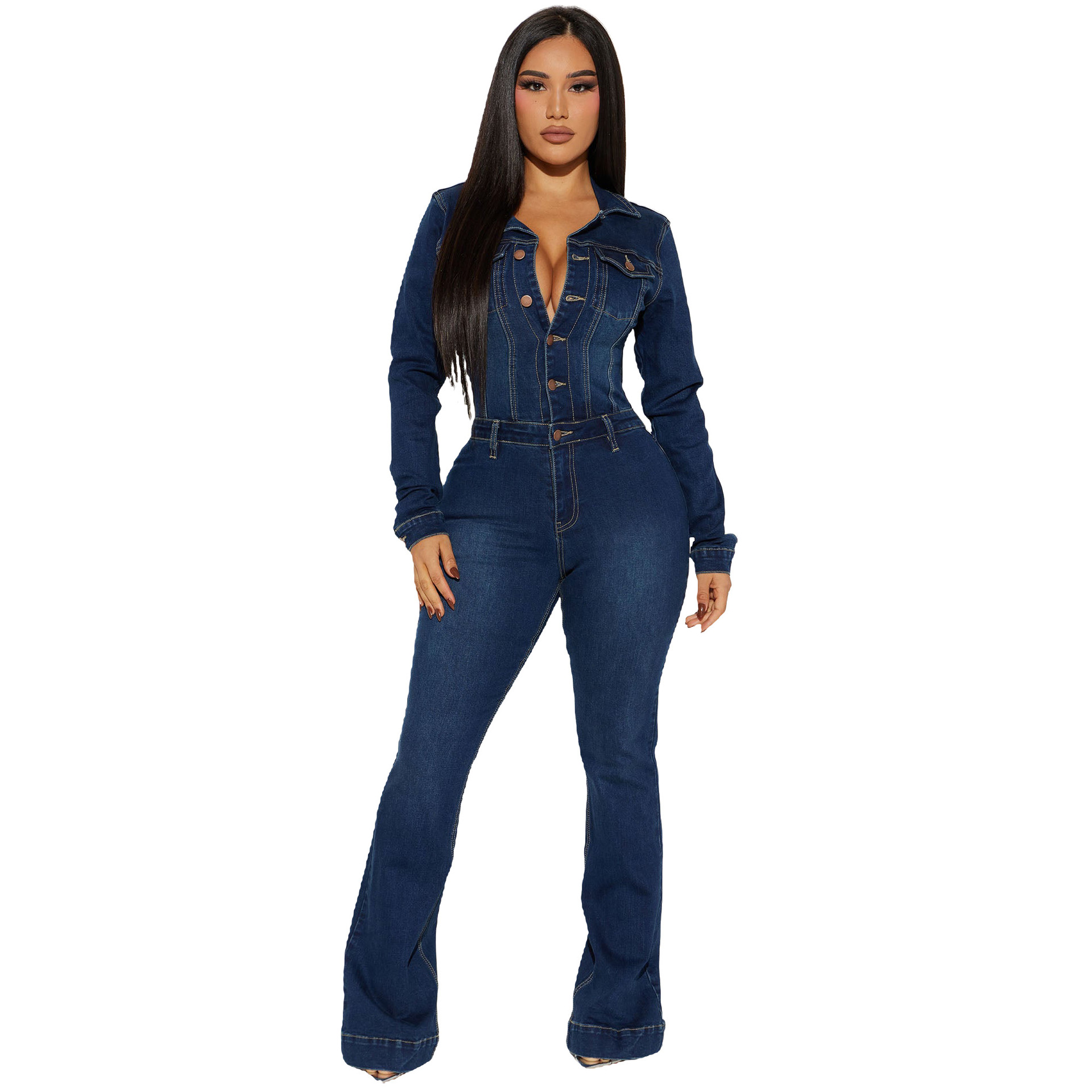 Wholesale Summer plus size new style micro elastic tight single breasted  holes denim jumpsuit CA000033 - Girlmerry.com