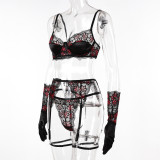 Print Lacemesh Patchwork Sexy 4 Piece Lingerie