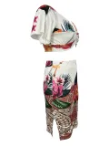 Spring Sexy Printed Slim-Fitting Off-The-Shoulder Top Slit Bodycon Skirt