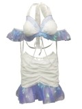 Women Beaded Sequin Bikini Mermaid Skirt Two Piece Set