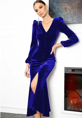 Women Autumn Knittingv Collar Solid Padded Shoulder Long Sleeve Slit Evening Dress