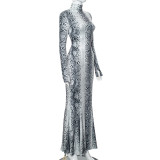Women's Spring Fashion Snake Print High Neck Long Sleeve Slim Fit Fishtail Dress