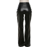 Spring Women's Sexy Hollow Straight Pu Leather Casual Trousers