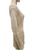 Women V neck hollow long sleeve Knitting dress
