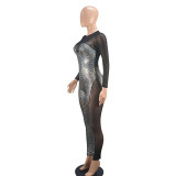 Women's Sexy See-Through Slim Sequined Mesh Long Sleeve Jumpsuit