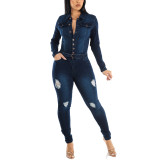 Women Stretch Ripped Washed Long Sleeve Denim Jumpsuit