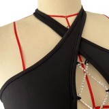 Women Halter Neck Bodycon Sexy Diamond Chain Lace-Up Dress