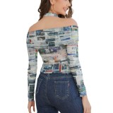 Women Lace Off Shoulder Long Sleeve Sexy Newspaper Print Top