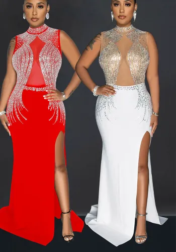 Women Solid Mesh Beaded Slit Maxi Dress
