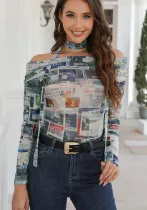 Women Lace Off Shoulder Long Sleeve Sexy Newspaper Print Top