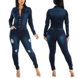 Women Stretch Ripped Washed Long Sleeve Denim Jumpsuit