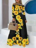 Sunflower Print Loose Long Sleeve Summer Long Dress