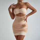Women Floral Cutout Strapless Pleated Backless Bodycon Dress