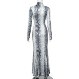 Women's Spring Fashion Snake Print High Neck Long Sleeve Slim Fit Fishtail Dress