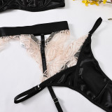 Women Lace Mesh Embroidered Lace Contrast Color Patchwork Hollow Backless Sexy Lingerie Two-piece Set