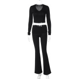 Women's Spring Fashion V-Neck Crop Top Slim Solid Color Tight Pants Two Piece Set