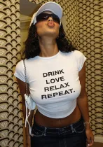 Women Round Neck Letter Printed Crop Short Sleeve T-Shirt