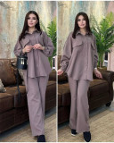 Women's Fashion Solid Color Casual Loose Long Sleeve Shirt Straight Pants Two-Piece Set