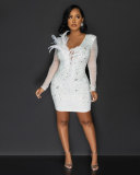 Sexy Beaded See-Through Mesh Patchwork V-Neck Feather Party Dress