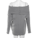 Women Off Shoulder Long Sleeve Loose Solid Knitting Sweater